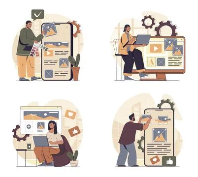 Content manager concept scenes set in flat web design. People in situations.. Stock Illustration