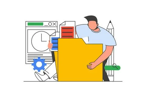 Content manager outline web concept with character scene. Man creating cont.. Stock Illustration