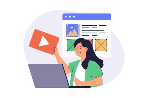 Content manager web concept with flat cartoon people for website design. Illustrazione stock