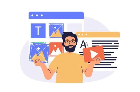 Content manager web concept with flat cartoon people for website design. Illustrazione stock