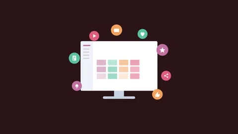 Content marketing concept with a desktop content grid and floating media icons Stock Footage 342599061