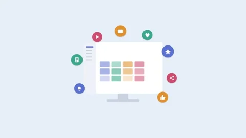 Content marketing concept with a desktop content grid and floating media icons Vídeos de archivo 342599078
