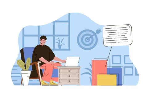 Content marketing concept. Marketer writes texts, makes ad campaigns situation 스톡 일러스트