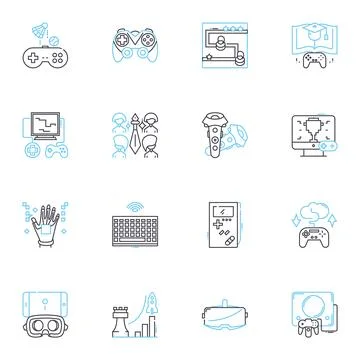 Content media linear icons set. Blogging, Podcasts, Videos, Infographics, Images Stock Illustration