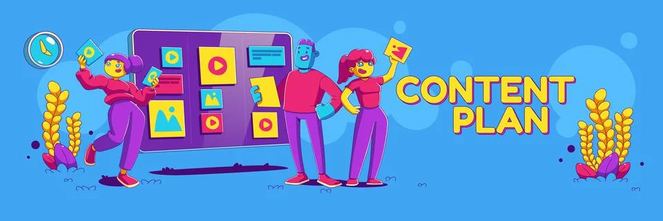 Content plan strategy banner with seo characters Stock Illustration