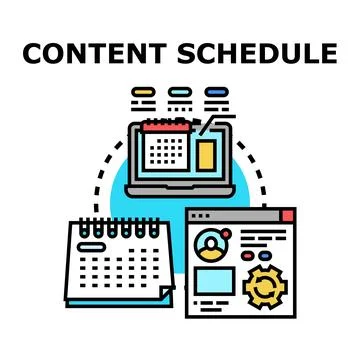 Content scheduling working with laptop and calendar management Ilustración de archivo