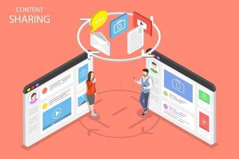 Content sharing flat isometric vector concept. Stock Illustration