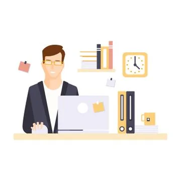 Content Smiling Man Office Worker In Office Cubicle Having His Daily Routine 스톡 일러스트