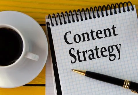 CONTENT STRATEGY - words on a white sheet on a yellow wooden background with  Stock Photos