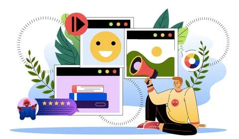Content types selling. Man with loudspeaker near social media content. SEO and Illustrazione stock