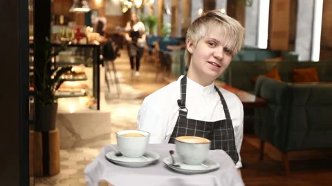 Content waitress serving coffee 스톡 동영상 85502607