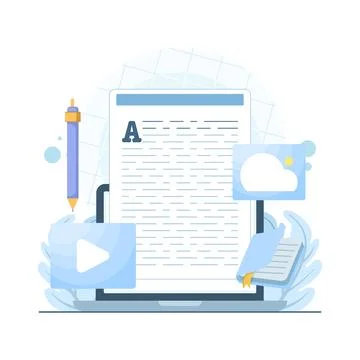 Content writer uses a laptop for article writing, journalism, digital publishing Stock Illustration