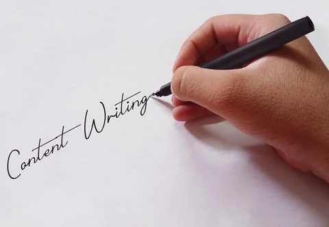 Content Writing Backdrop Design with Pen in a Hand writing on the paper Stock Photos
