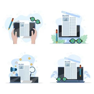 Content writing illustration set featuring blog creation concepts Stock Illustration
