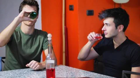 Content young men partying at table Stock Photos
