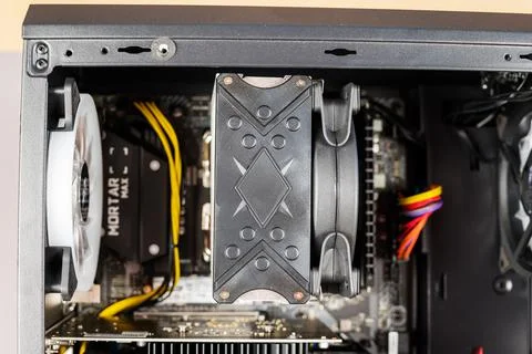 The contents of a desktop computer. The system unit of a modern computer with Stock Photos