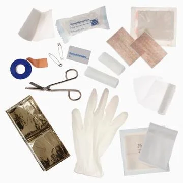 Contents of a first aid kit, elevated view 写真素材