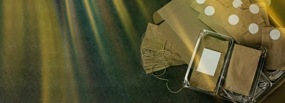 Contents include multiple kraft envelopes with round labels, natural fiber gr Fotos Stock