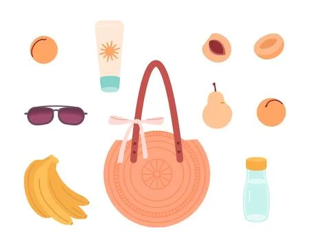 Contents of the summer bag. Set items with bottle of water fruits sunscreen and Stock Illustration