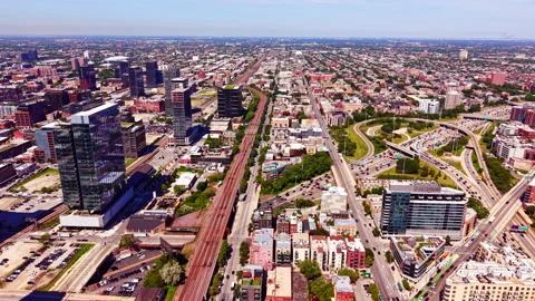 Context of sprawling urban highway and train tracks, Chicago, Illinois Stock Footage 343849896