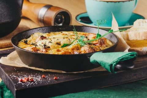 Continental breakfast in a cafe, omelet with ham in pan Stock-Fotos