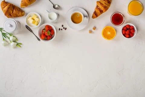 Continental breakfast captured from above, flat lay, top view Stock Photos