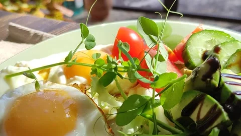 Continental breakfast with eggs. Stock Footage 237799473