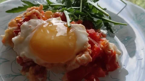 Continental breakfast with eggs, tomato Stock Footage 201501677