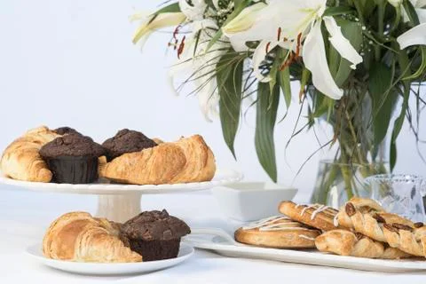 Continental breakfast table setting with pastries and cakes Stock-Fotos