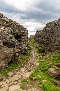 Continental divide between the Eurasian and North American plates in Thingvel Stock-Fotos