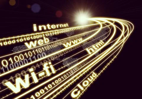 Continents, light beams, digits and words like internet, web, etc.  on dark back Ilustración de archivo