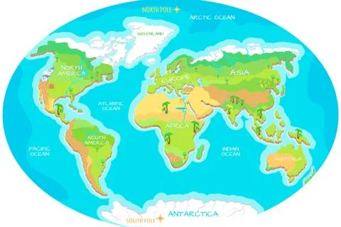 Continents, Oceans on Map of World. Our Planet Stock Illustration