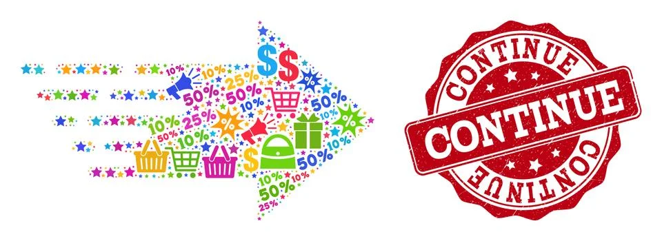 Continue Arrow Composition of Mosaic and Grunge Stamp for Sales Stock Illustration