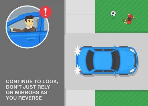 Continue to look, don't just rely on mirrors. Car moving reverse while kid plays Stock Illustration