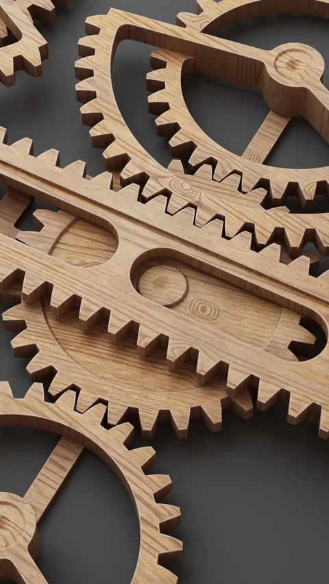 Continuous 3D loop of wooden gears and rack, highlighting precision. 스톡 동영상 315969657