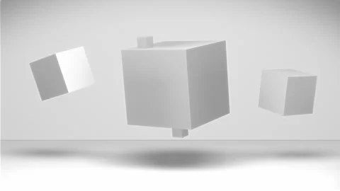 Continuous animation featuring three abstract white cubes floating in the air Stock Footage 304415181