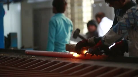 Continuous casting machine. Background of the blacksmith and metallurgical Stock Footage 151280158