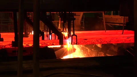 Continuous casting machine with blow torch working Stock Footage 256485123