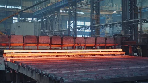 Continuous casting machine makes steel billets on iron factory Stock Footage 128160674