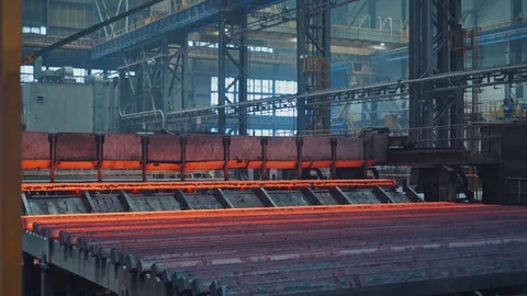 Continuous casting machine makes steel billets on iron factory Stock Footage 128160757