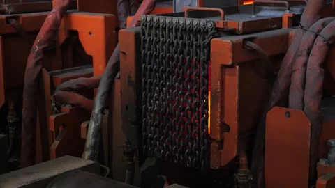 Continuous casting machine. Steel billet moves through the chain Stock Footage 122452218