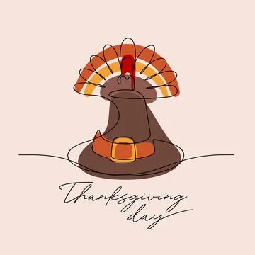Continuous colored line drawing of turkey and pilgrim hat celebrate thanksg.. Stock Illustration