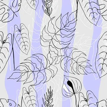 Continuous contour pattern of tropical leaves and flowers on gray-blue backgr Stock Illustration