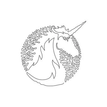 Continuous curve one line drawing of adorable unicon abstract art in circle. Stock Illustration
