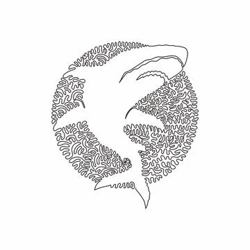 Continuous curve one line drawing of shark attacks abstract art in circle. Stock Illustration