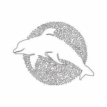 Continuous curve one line drawing of adorable dolphin abstract art in circle. Stock Illustration