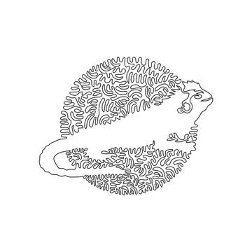 Continuous curve one line drawing of cute iguana abstract art in circle. Stock Illustration
