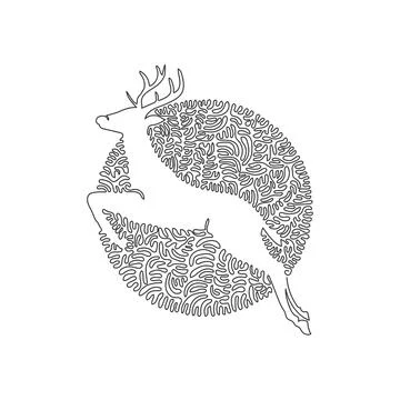 Continuous curve one line drawing of running deer abstract art in circle. Stock Illustration