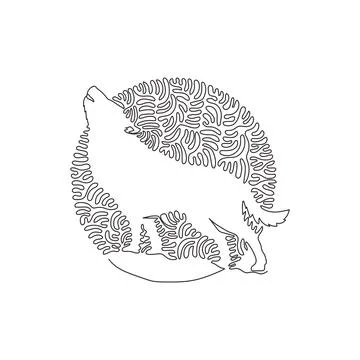 Continuous curve one line drawing of predatory wolf abstract art in circle Stock Illustration