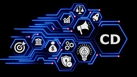 Continuous delivery business digital concept with glowing neon icons. 스톡 일러스트